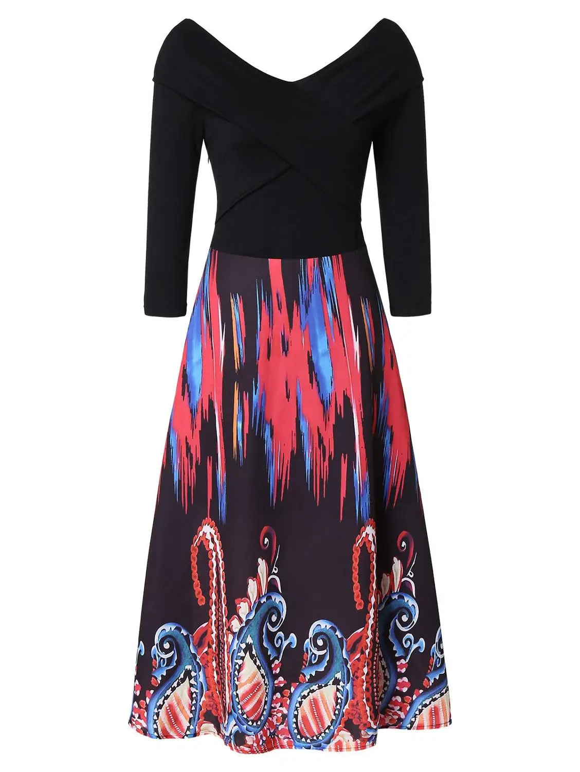 Плюс размер крест накрест этнический принт миди платье для женщин v образный