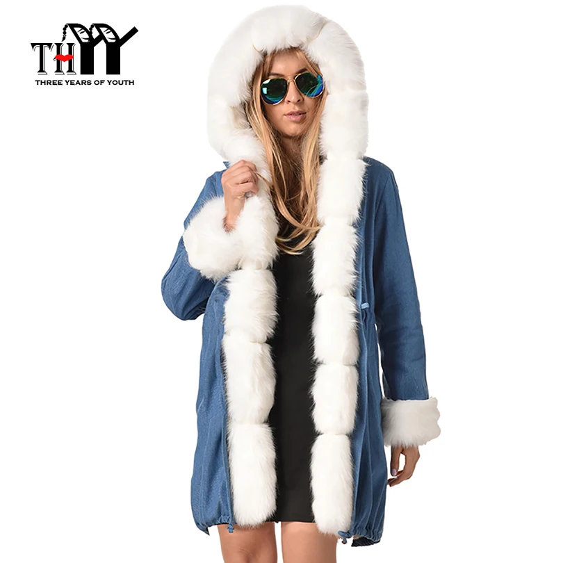 THYY 2018/19 зимняя куртка Для женщин джинсовая хлопок меха с капюшоном пальто