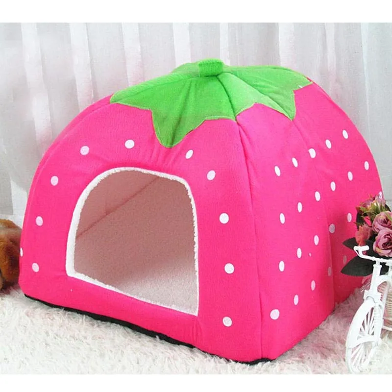 pawstrip 5 Size Cute Strawberry Dog Bed House Winter Cat Bed Leopard Pattern Foldable Dog House For Small Dogs perro - Цвет: Pink