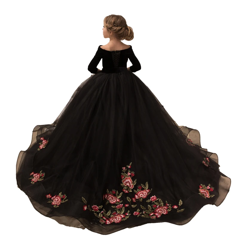 Детские вечерние бальные платья с длинными рукавами черное торжественное пышное