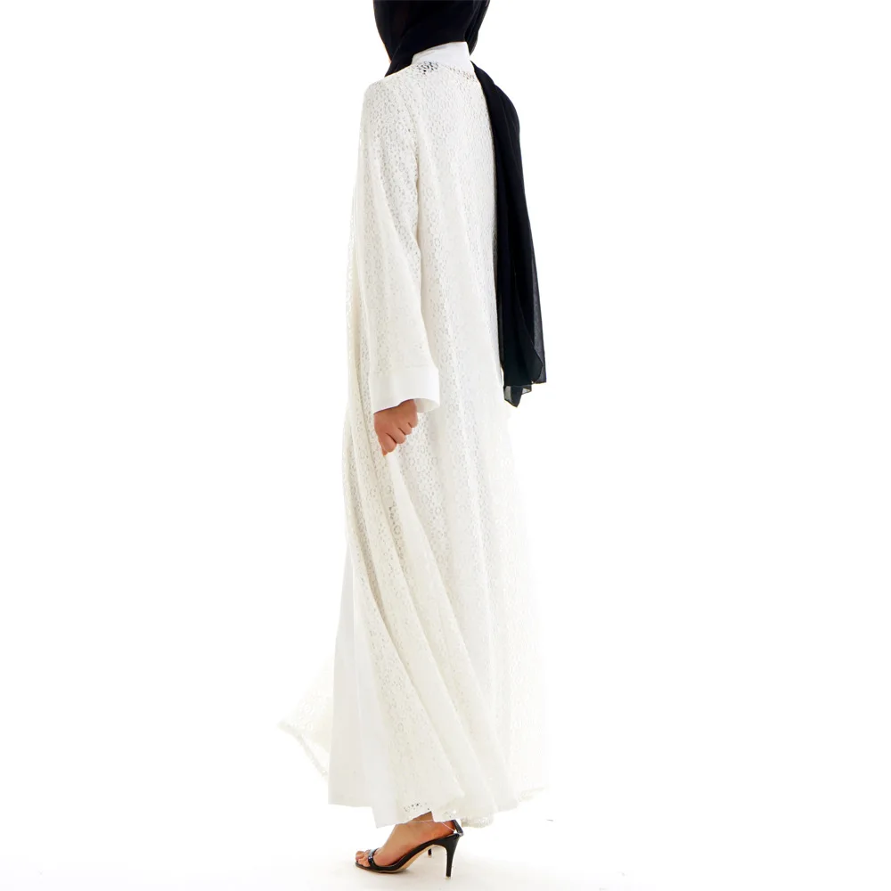 Спереди Открытое abaya Дубай белое кружевное женское мусульманское платье хиджаб Бангладеш Турция турецкий кардиган Болеро Кафтан Исламская одежда