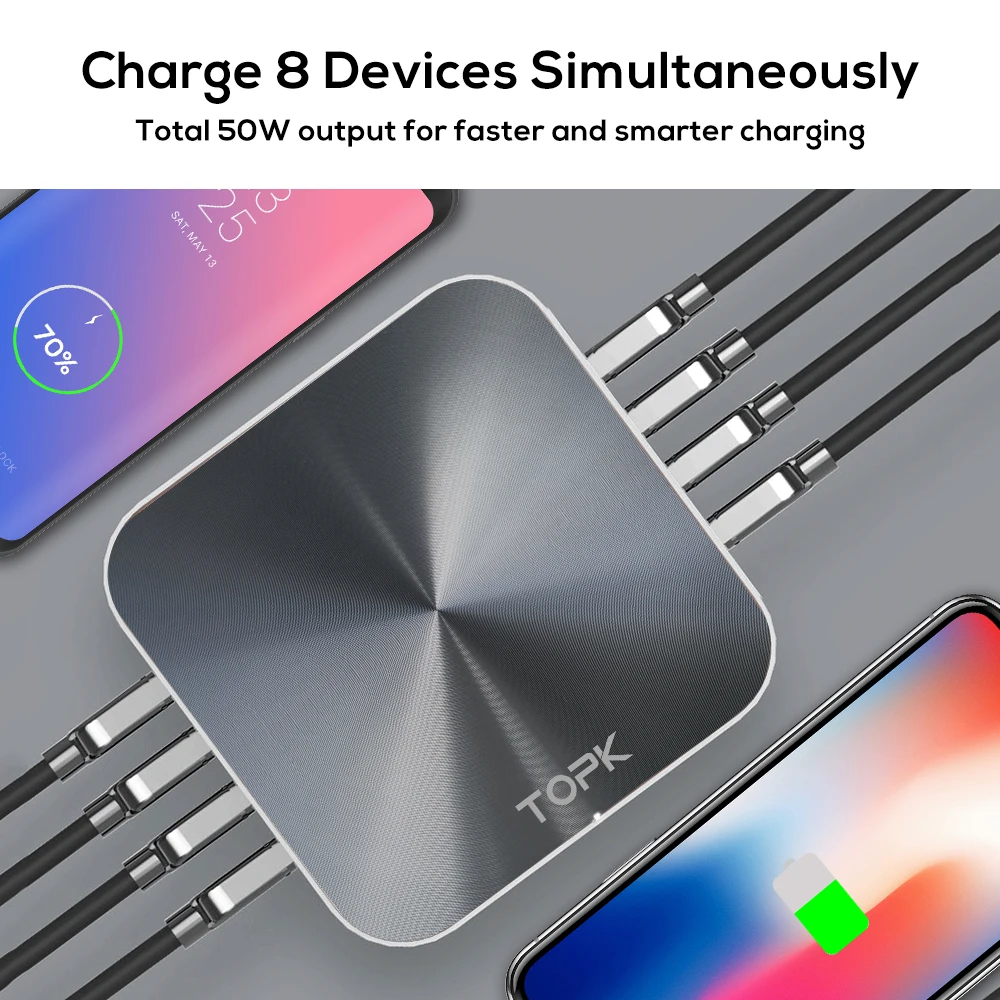 topk 50w quick charge 3 0 usb charger 8 port usb mobile phone desktop fast charger for iphone samsung xiaomi eu us uk plug free global shipping