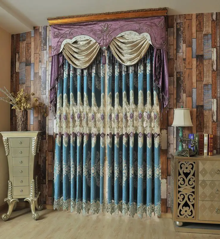 Синяя Бирюзовая плотная светонепроницаемая штора с вышивкой Классические