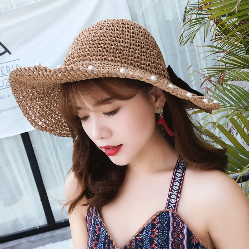 New fashion and beautiful Summer handmade bow with pearl trim Collapsible sun hat Holiday must-haves | Аксессуары для одежды