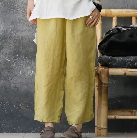 Free shipping summer new women's elastic waist loose solid color ramie breathable wide leg pants S143 | Женская одежда