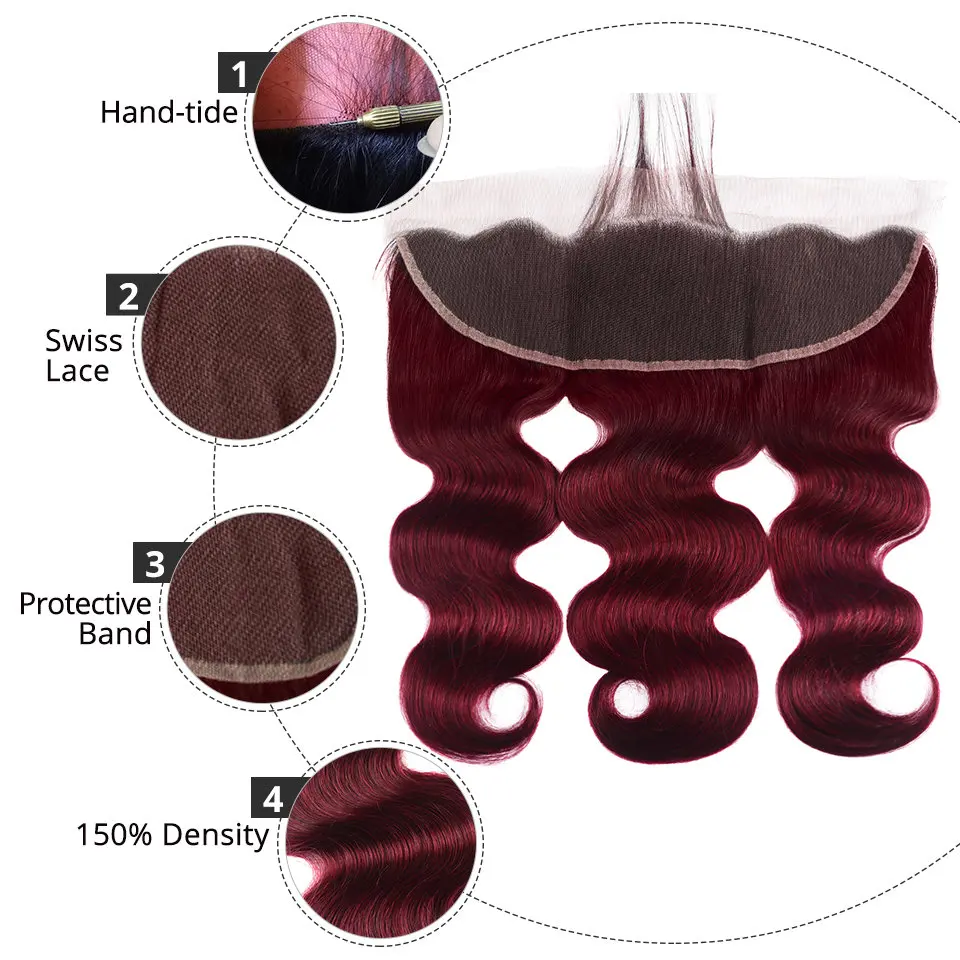 99j пряди с фронтальной застежкой бразильские пучки волос бордового цвета 3 Реми - Фото №1