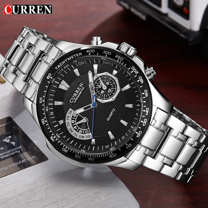 Curren 8020 Кварцевые черные полностью стальные Модные Бизнес Военные мужские часы