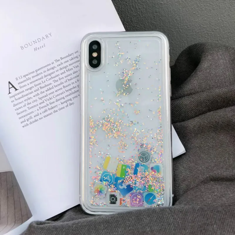 Silver Для iPhone 8 жидкий Жесткий PC Прозрачный чехол для телефона для iPhone 6 6S 7 8 Plus X XS XR MAX чехол s зыбучие пески милый чехол с изображением приложения - Цвет: Silver