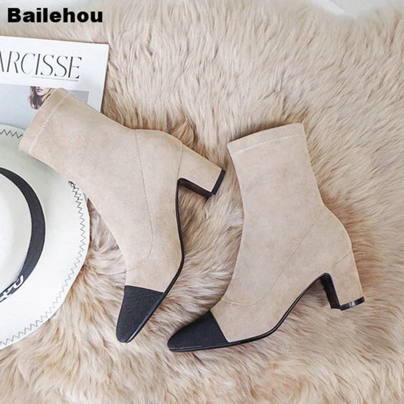 Beige Bailehou/женские ботильоны на толстом каблуке; женские брендовые Полусапожки без шнуровки; однотонные модельные мотоциклетные ботинки; botas mujer; обувь с эластичным носком - Цвет: Beige