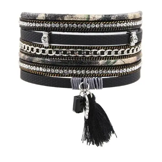 Black STRATHSPEY новая мода Многослойные Стразы кожа кисточкой браслет с браслетом дружбы магнитные ювелирные изделия для женщин Pulseira - Окраска металла: Black