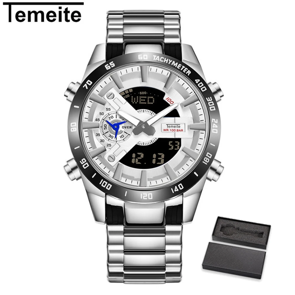 temeite4 with box TEMEITE, двойной дисплей, Лидирующий бренд, мужские кварцевые цифровые часы, роскошные модные часы, светодиодный, мужские часы с датой, наручные часы, Relogio - Цвет: temeite4 with box