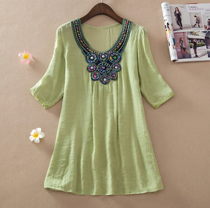 Женская длинная бамбуковая хлопковая рубашка с вышивкой и бусинами|size women|cotton
