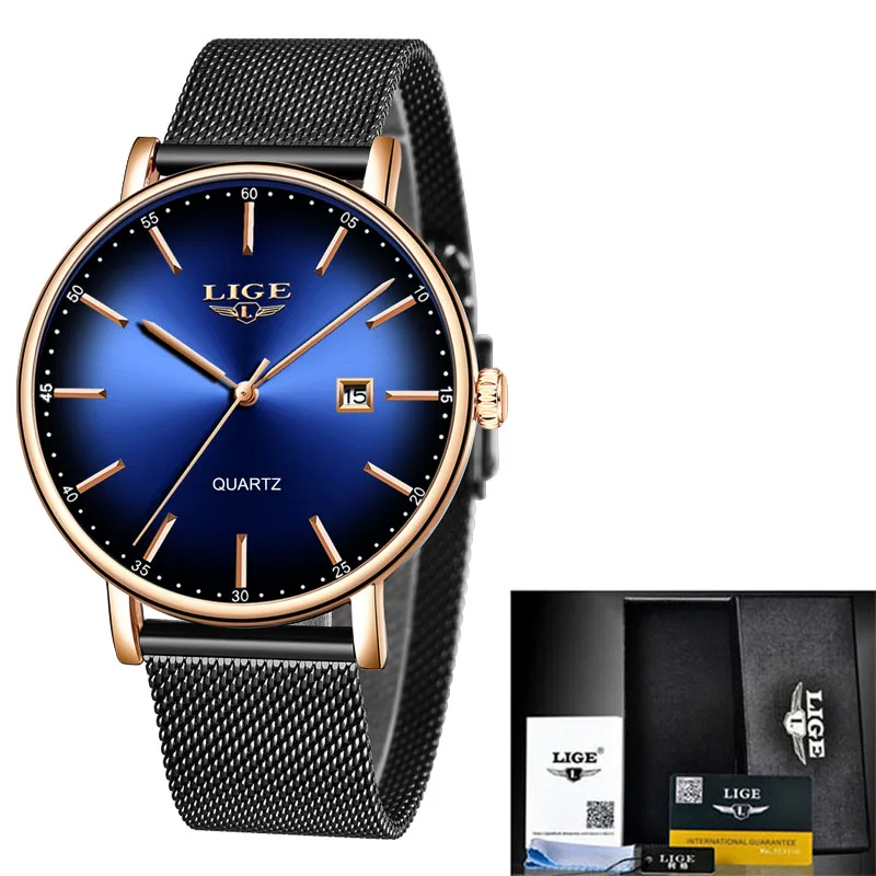 Rose gold blue M LIGE, женские часы, Лидирующий бренд, Роскошные, для девушек, с сетчатым ремешком, ультратонкие часы, креативные, с красным циферблатом, часы, водонепроницаемые, кварцевые часы, Reloj Mujer - Цвет: Rose gold blue M