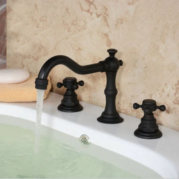 

Deck Mounted 3 Holes Bath Tub Mixer Tap Black Oil Rubbed Antique Brass Widespread 2 Handles bathroom basin Faucet anf283
