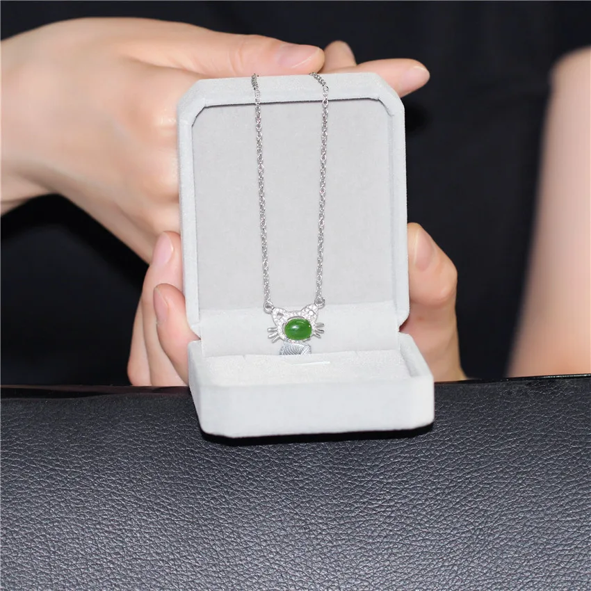 Almei красивый дизайн с кошкой ожерелье блестящее 2ct зеленая яшма горный хрусталь