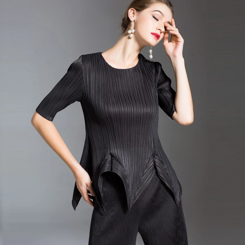 Женская Асимметричная футболка Changpleat Miyak плиссированные однотонные облегающие