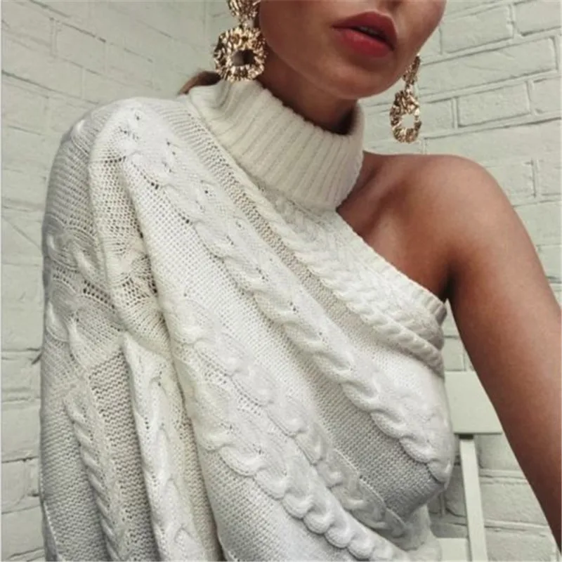 

MeiHuIDa 2018 New Style Fashion Solid Irregular Turtleneck Women Long Sleeve Knitted One Shoulder Sweater Pocket