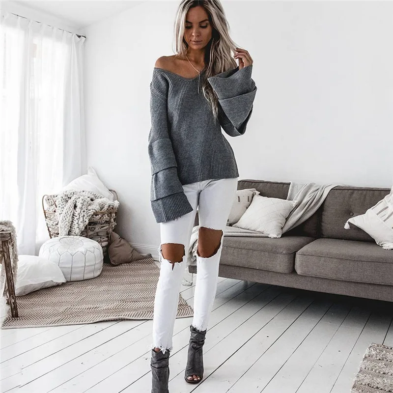 Knitted Sweater Women Peplum Tops Autumn Winter 2018 Slim Pullover Long Ruffle Flare Sleeve Casual Sweaters And Pullovers | Женская