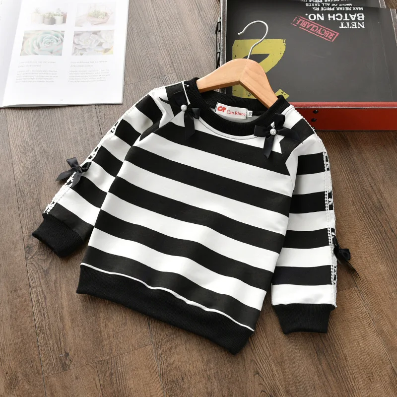 BibiCola Autumn Winter Baby Girl Sweatshirts Long-sleeve Warm T-shirt Children Girls Casual Striped Thick Tops Outerwear Clothes | Детская