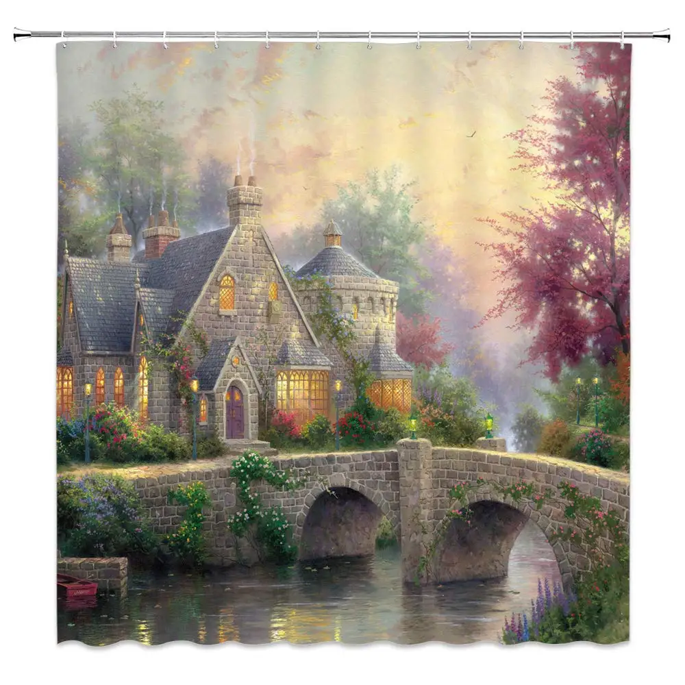Каменный Замок Декор занавеска для душа фантазия Туманный лес мост речные