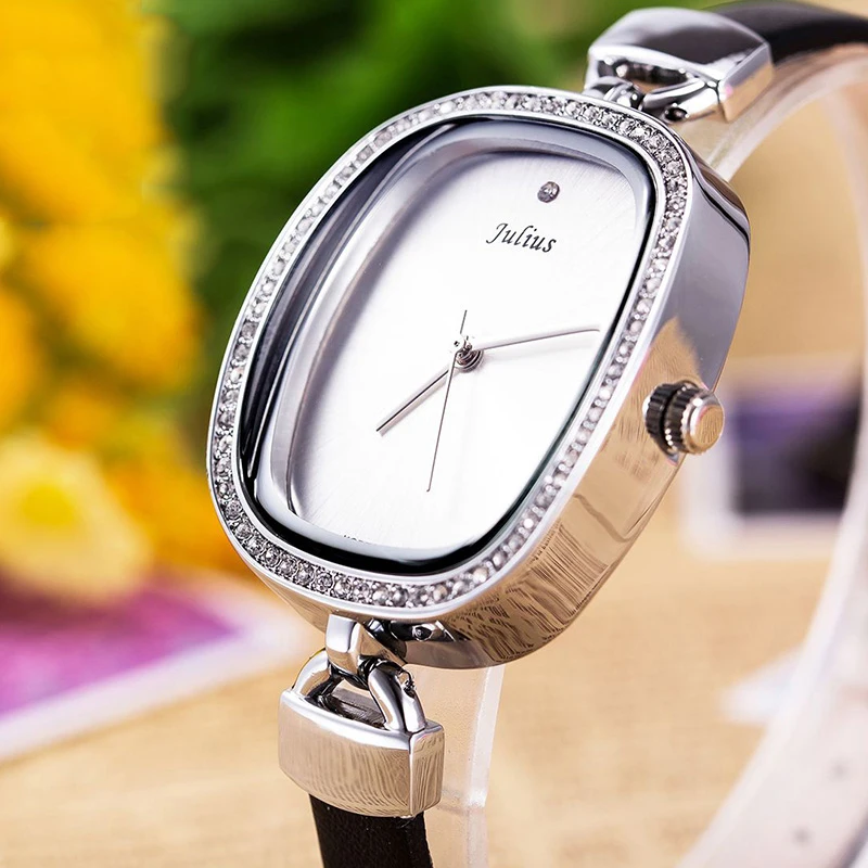 Юлиус 2018 Для женщин часы Новый Леди Кристалл Золотой натуральная кожа кварцевые