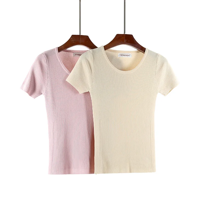 Summer new sweater shirt women's round neck short-sleeved solid color wild Slim Korean version of the simple | Женская одежда