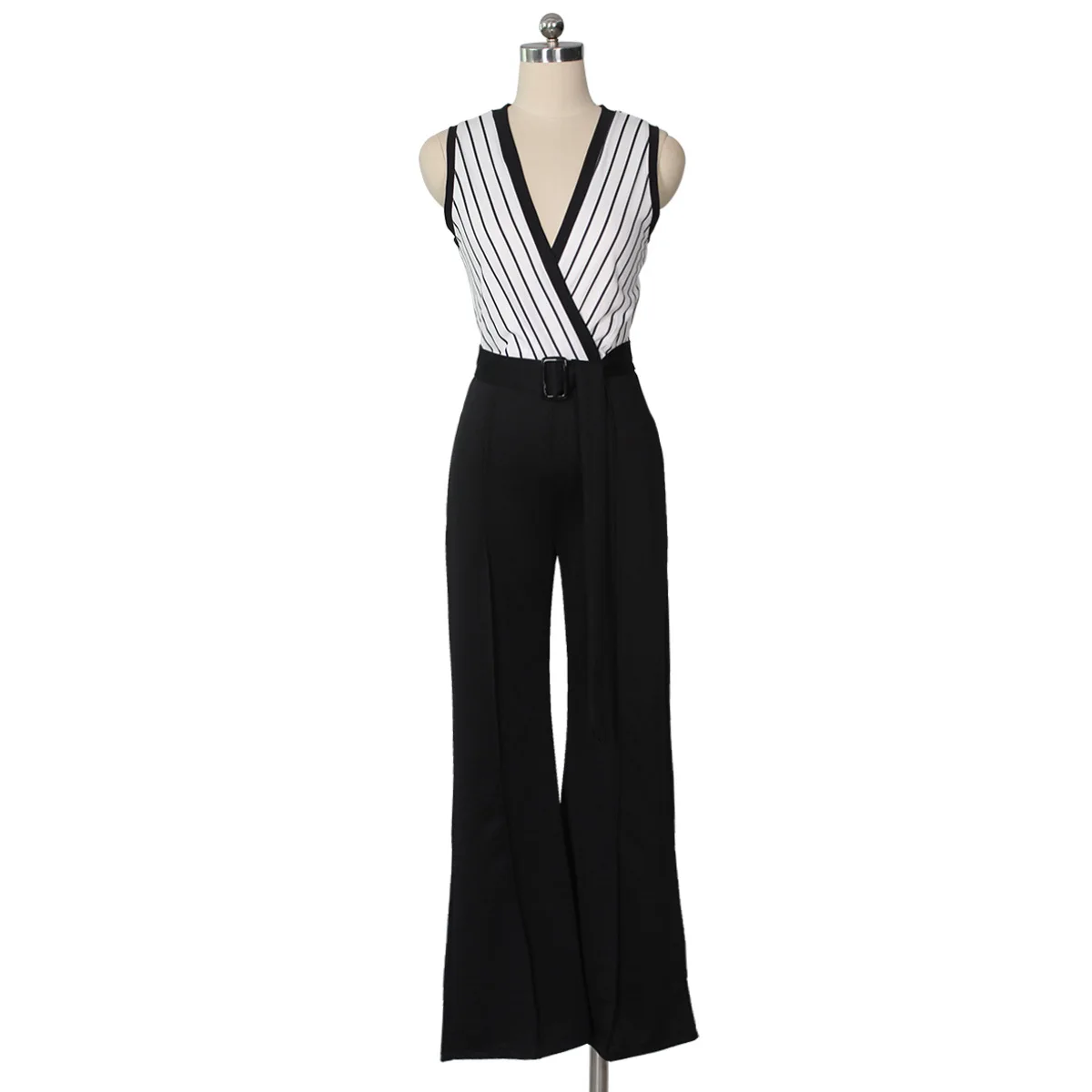 

Women Sleeveless Striped Wrap Belted Wide Leg Bodycon Jumpsuits V-neck Casual Slim Fit Summer Jumpsuit Plus Size 2XL