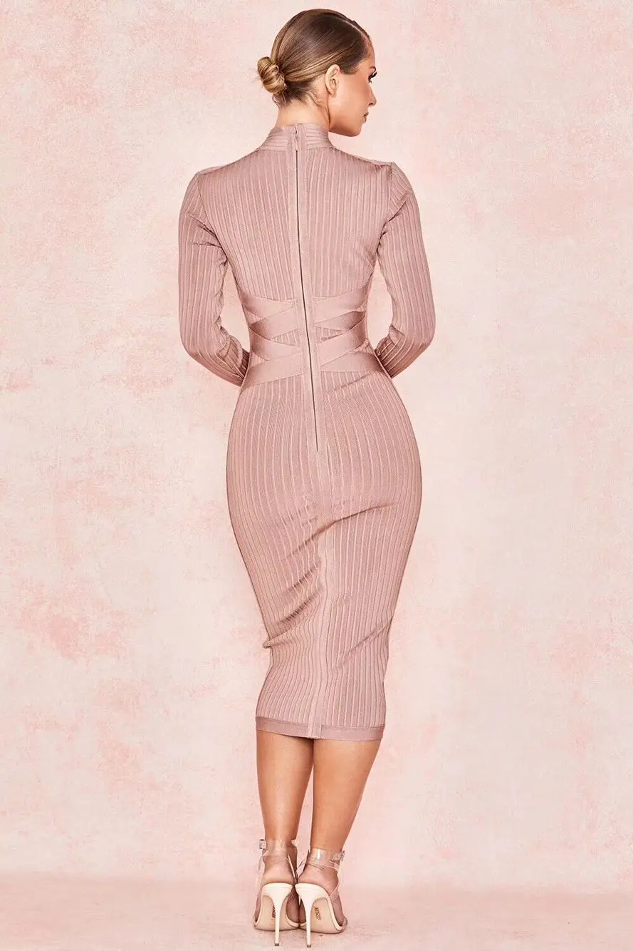 High Quality Khaki Long Sleeve Knee Length Rayon Bandage Dress Sexy Evening Party Bodycon | Женская одежда