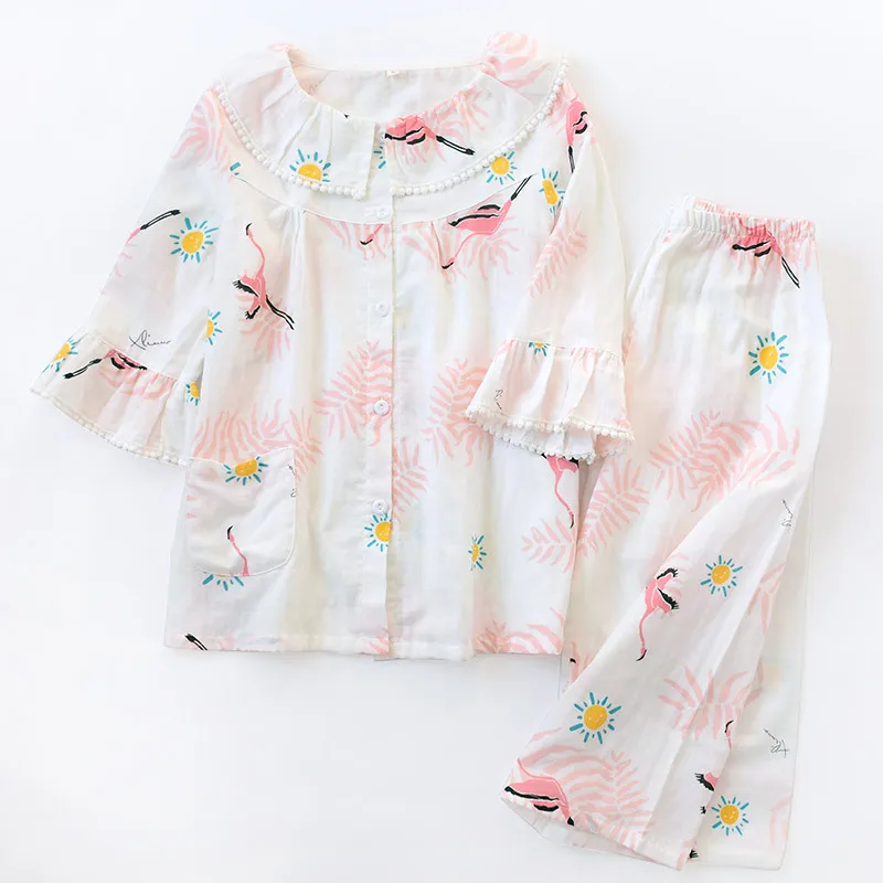 Female Summer Seven-Sleeve Pijama Mujer Pink Pure Cotton Yarn Sleepwear Sexy Pajama Sets Women Korean Cute Sweet Thin Home Suit - Color: White crane