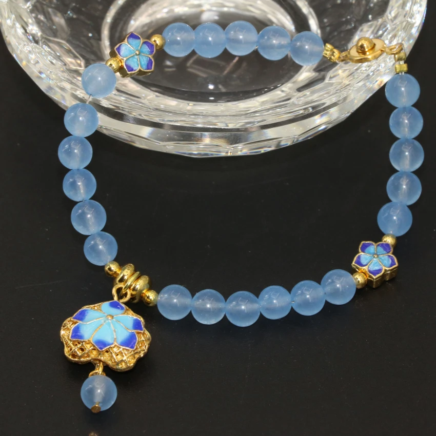 Оптовая цена натуральный камень Окрашенные jades синий халцедон изысканный браслет 6 мм ronnd бусы Девушки Подарки 7,5 дюйма B2740