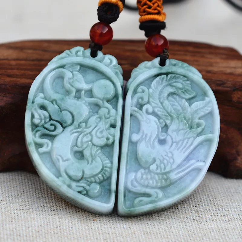Drop shipping Natural A Jadeite Jades Pendant 3D Carved Chinese Dragon Phoenix Lovers' Pendants Amulet Stone Jewelry+Rope | Украшения и