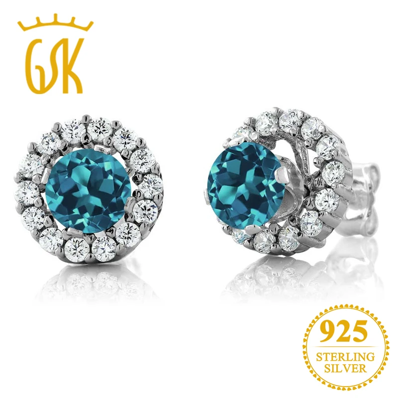 GemStoneKing 1 49 Ct Круглый натуральный Лондонский голубой топаз женские серьги Твердые