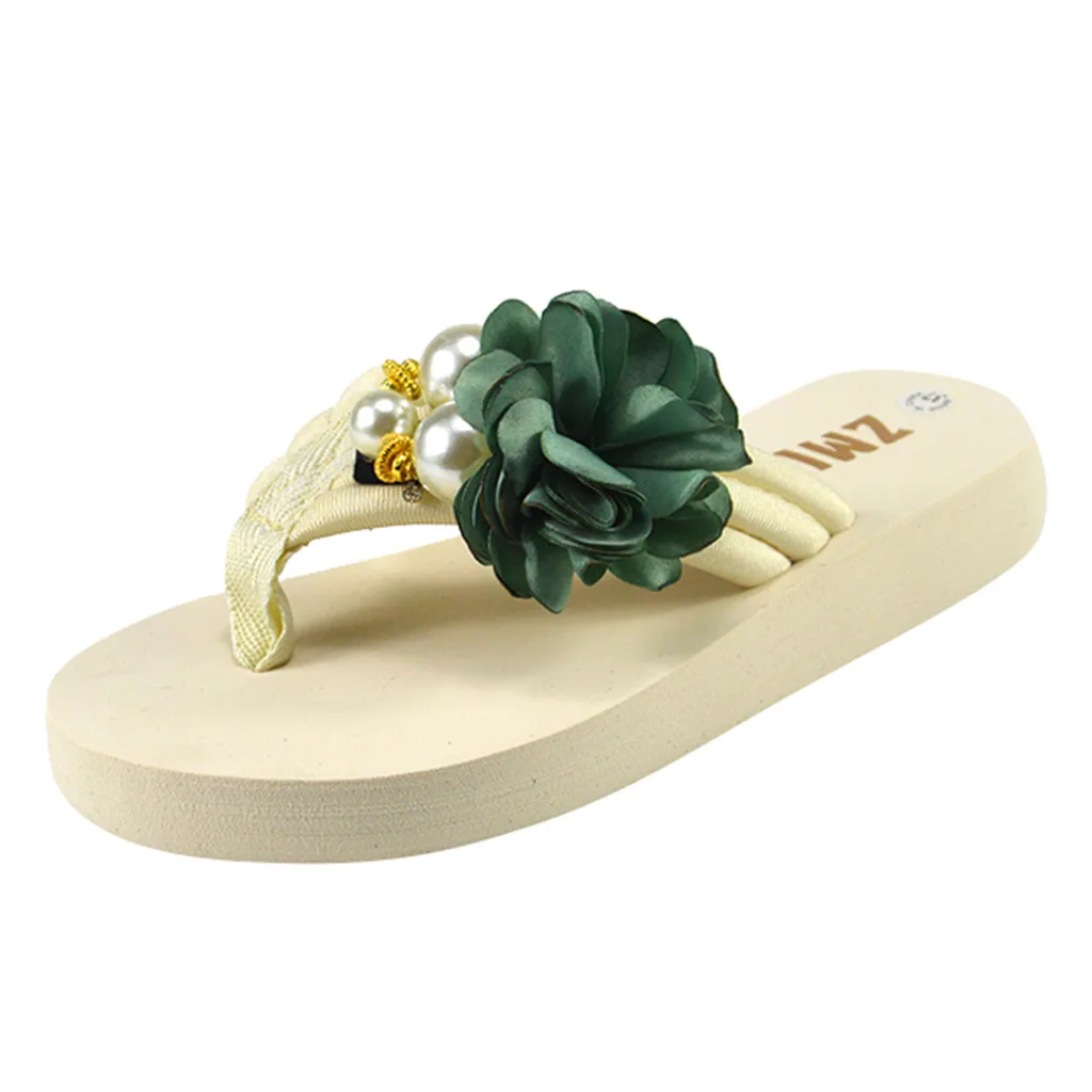 Женские сандалии на платформе с жемчужинами и цветами Летние танкетке Пляжные