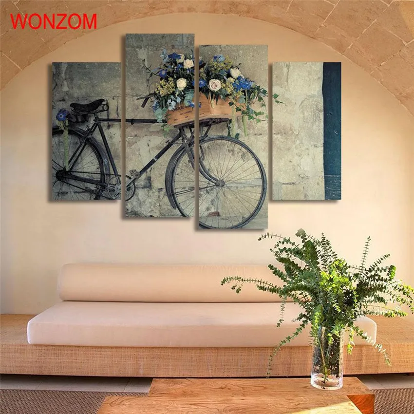 4Pcs Bike Basket Flowers Canvas Painting Modern On Cuadros Abstractos 2017 Wall Picture For Home Decoration Gift | Дом и сад