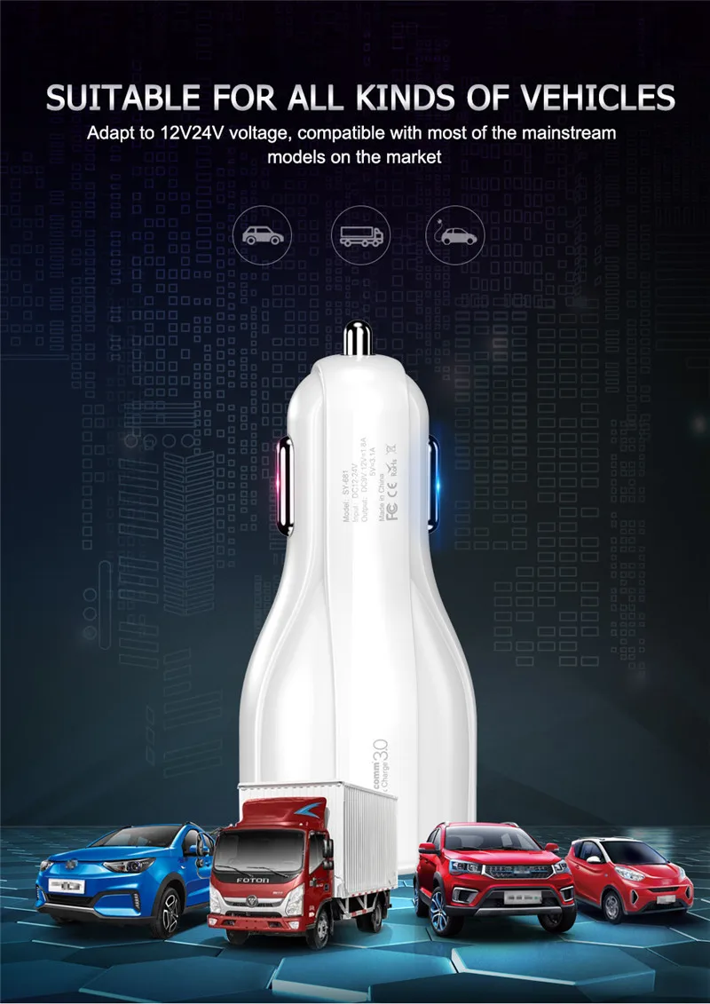Автомобильное зарядное устройство Quick Charge 3,0 с двумя портами USB быстрое зарядное устройство для Xiaomi mi9 iPhone X XR XS Max samsung S10 S9 S8 адаптер Автомобильное зарядное устройство