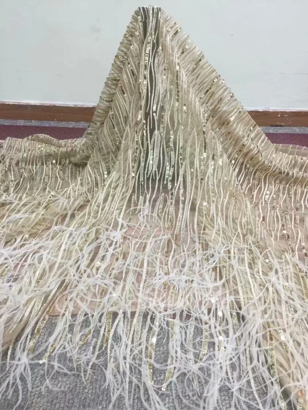 Feather lace fabric and sequins embroidery gauze French high-quality new African wedding material | Дом и сад