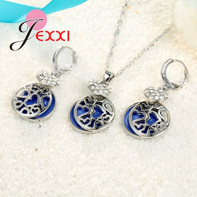 Jewelry Sets Silver Color Heart Shaped Blue Round Earrings And Pendant Necklace Set for Women | Украшения и аксессуары