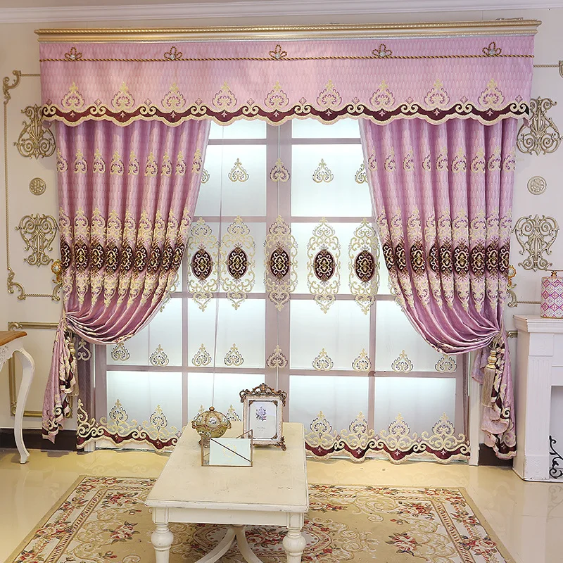 

European Chenille Embroidery Tulle Purple Curtain High Blackout Bedroom Living Room Retro Valance Curtain Custom