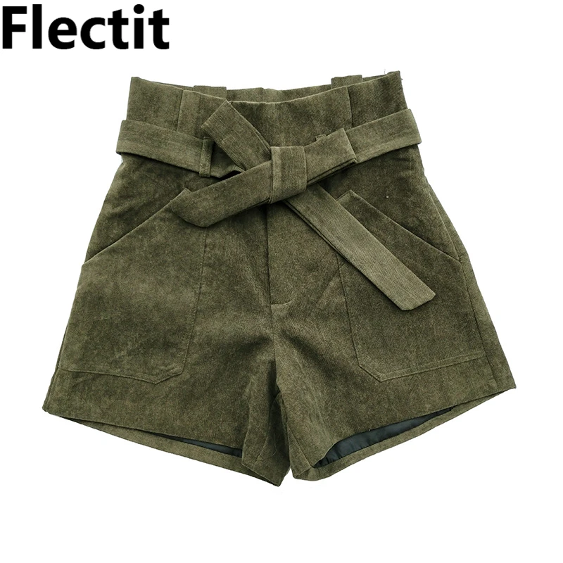 

Flectit Women Corduroy Shorts with Belt Front Pocket Paperbag High Waisted Shorts Ladies Outfits