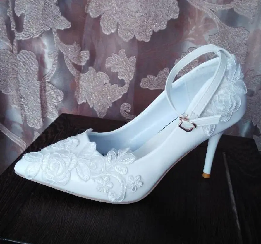 

White color lace wedding shoes woman sexy pointed toes ankle buckle straps super high stiletto heeled bridal bride wedding pumps