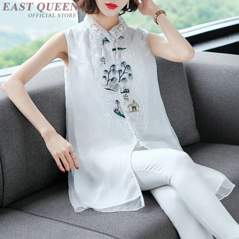 New Chiffon Blouse Embroidery White Shirts Stand Collar Short Sleeve Long Shirt Female Tunic Women Tops Summer TA1711