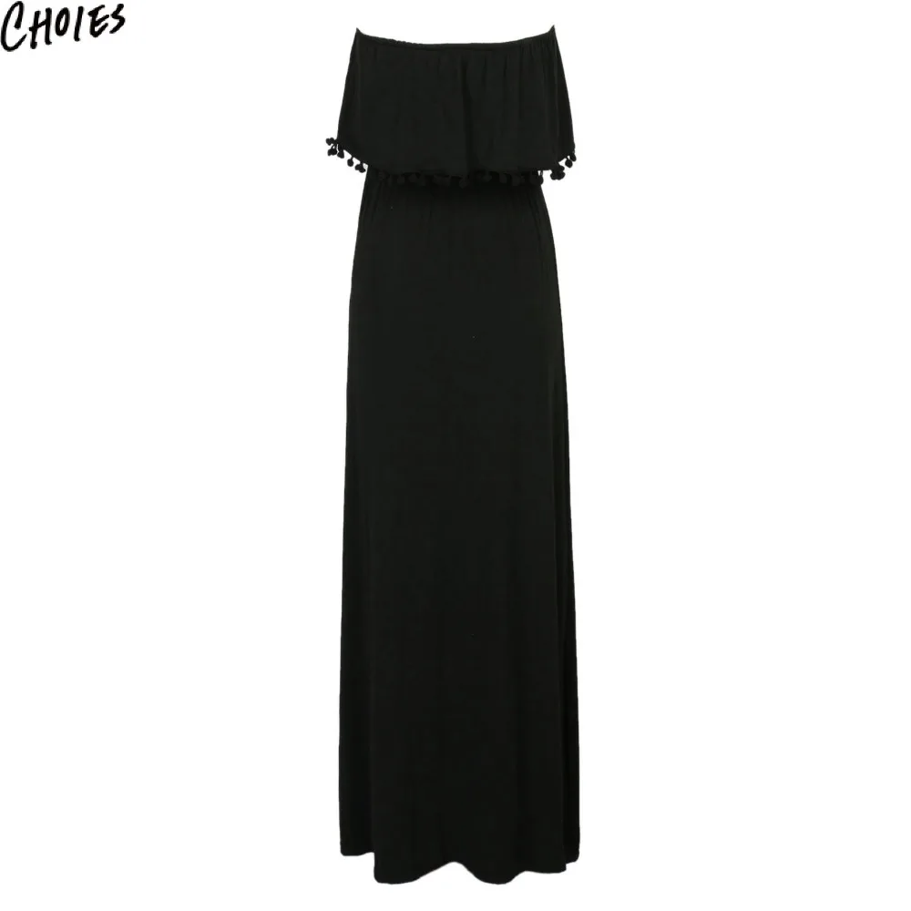 Женское черное сексуальное платье без бретелек с накладными помпонами Пляжное