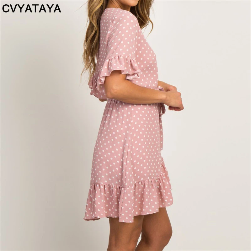 Шифоновое платье в горошек Пляжное Платье стиле бохо с коротким рукавом