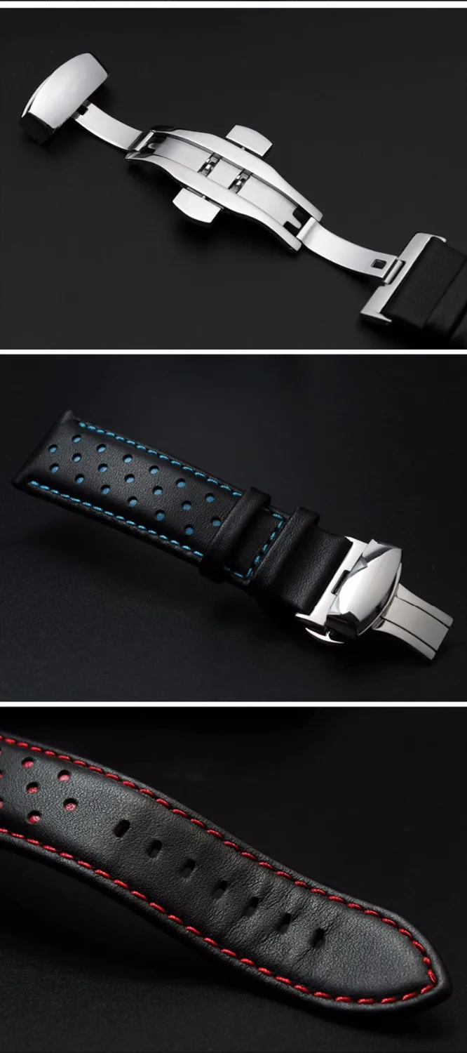 Rolamy 20mm 22mm Real Cowhide Leather Handmade Black Red Blue Replacement Wrist Watch Band Strap Double Push Clasp