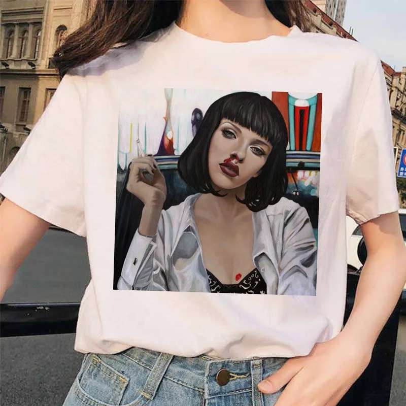 Целлюлоза фантастика Эстетическая Миа 90s Ulzzang Harajuku фильм футболка уличная