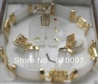 free shipping white natural stone elephant pendant bracelet earring set