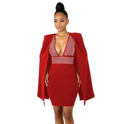 red dress Adogirl, бриллианты, сексуальное облегающее платье с глубоким v-образным вырезом, с накидкой, для женщин, без рукавов, мини-Клубные платья для вечеринок, съемная накидка, пончо - Цвет: red dress