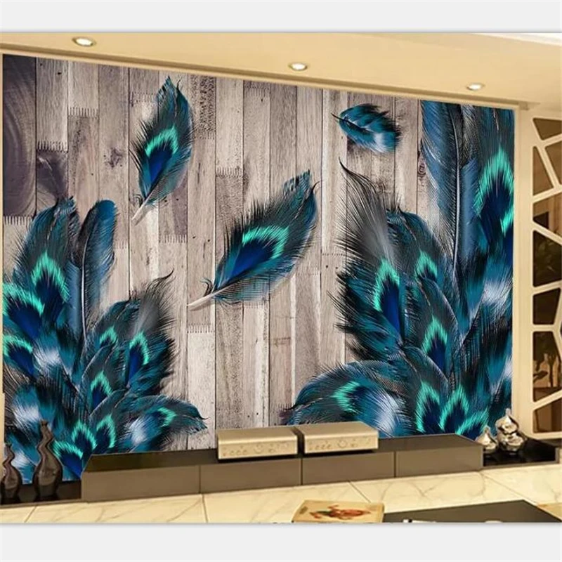 

beibehang Wallpaper murals custom home decor living room photos peacock feathers nostalgic classical wood plank wallpaper