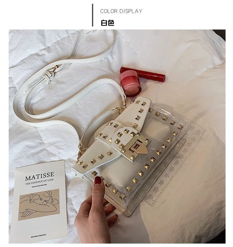 White Сумка через плечо для девушек, новинка, Корейская сумка-мессенджер, женская модная прозрачная желеобразная женская сумка на цепочке с заклепками, маленькая квадратная сумочка из искусственной кожи - Цвет: White