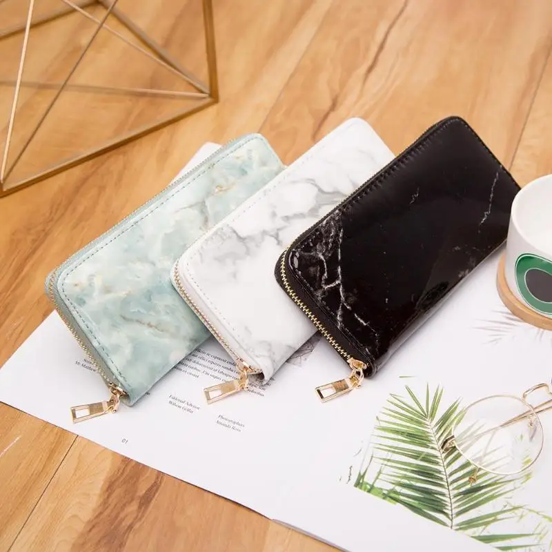 Creative Casual Women Lady Marble Patent Leather Long Clutch Girls Zipper Card Coin Holder Wallets Purses leather bag black